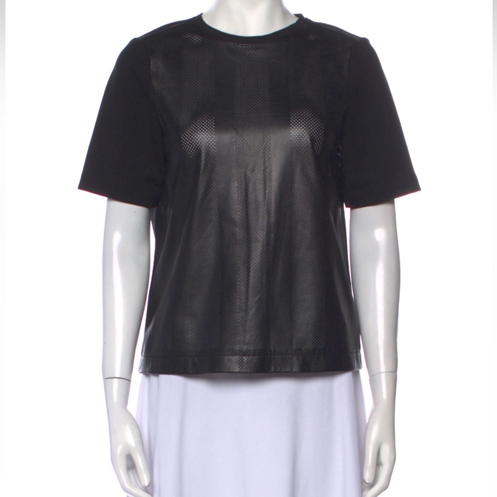 Tibi Leather Crew Neck Tee Shirt Top short sleeves - black - size Small​